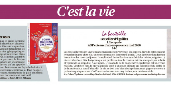 L'Escapade Rosé 2020 est "la bouteille" retenue par la rubrique "C'est la vie" du journal La Provence